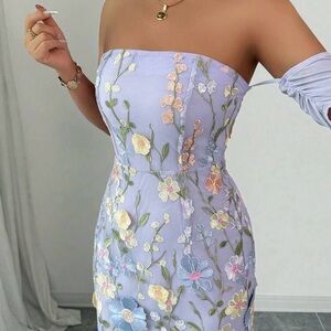 SHEIN Strapless Dress with Floral Embroidery in Lavender